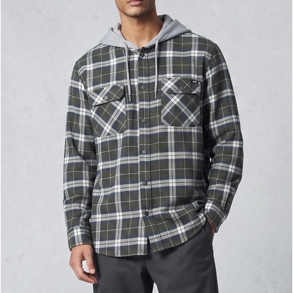 Vans Off The Wall Mens XL Hooded Flannel Shirt Olive Green Plaid‎ Snap Up Hoodie